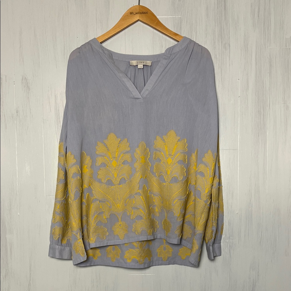 Loft Gray and Yellow Embroidered V-Neck Popover‎ Top Size S
